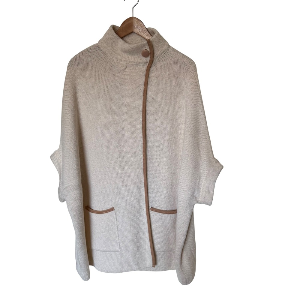 LC Lauren Conrad Poncho Women OS Cream Tan Faux Leather Trim Knit Cape Excellent